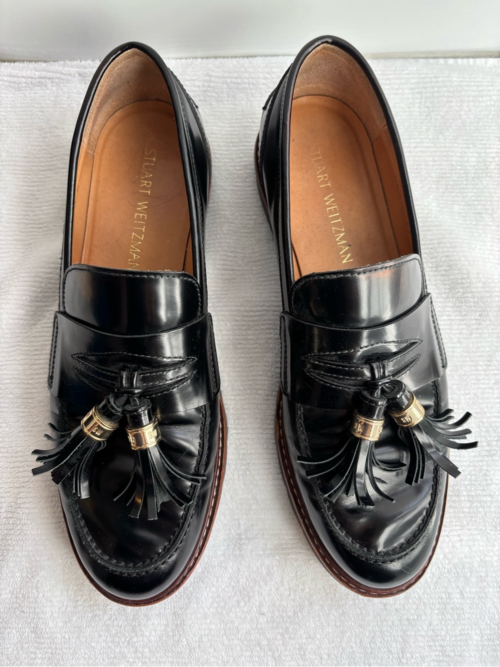 Stuart Weitzman Black Patent Leather Tassel Loafers